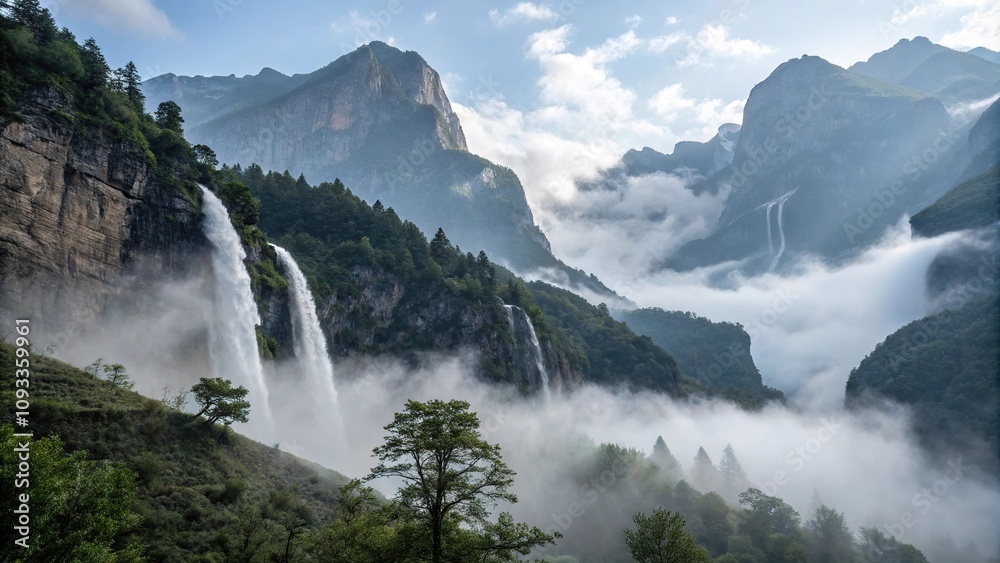 Fototapeta premium Misty mountain range with fog and waterfalls, fog, river, mist, landscape, rugged