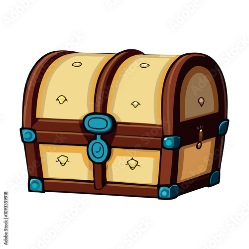 Cartoon Wooden Treasure Chest with Blue Metal Details