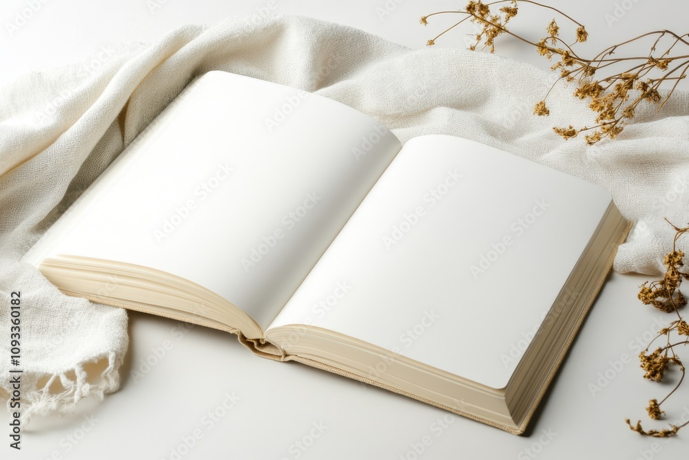 Fototapeta premium Open book with blank pages placed on fabric