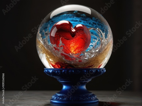 A glowing glass sphere symbolizes the fragile heart filled with swirling emotions Cracks emit golden light resting on shards evoking love and vulnerability