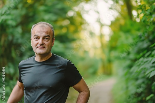 Middle aged man running outdoors