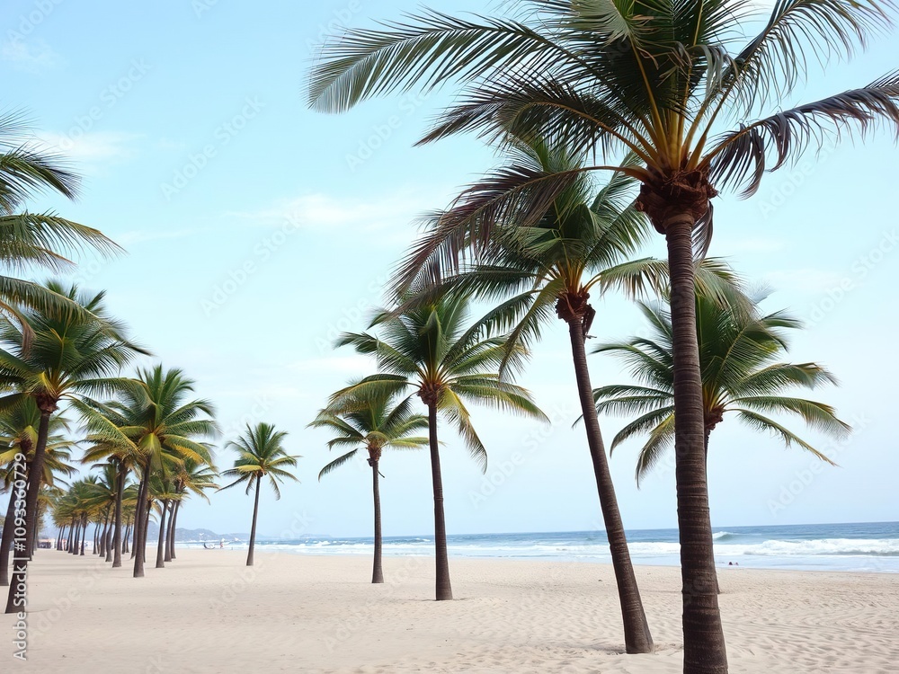 Palm trees swaying in the wind on a sandy beach, landscape, sand Palm trees swaying in the wind on a sandy beach, landscape, sand