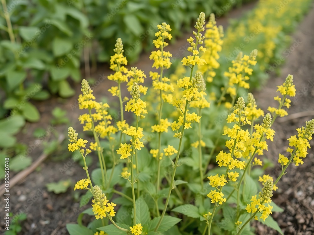 Wild mustard growing in front of a row of green bean plants in southern Illinois, sunny day, rural fields, farm crops Wild mustard growing in front of a row of green bean plants in southern Illinois, sunny day, rural fields, farm crops