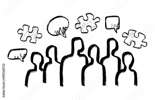 A minimalistic hand-drawn group of people, each with a piece of a puzzle and a speech bubble above their heads, symbolizes the concept of problem solving and team communication.