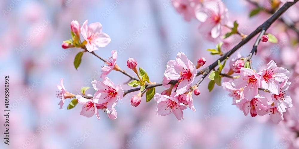 Pink cherry blossoms on a branch with some greenery, nature beauty, cherry blossom, elegant style Pink cherry blossoms on a branch with some greenery, nature beauty, cherry blossom, elegant style