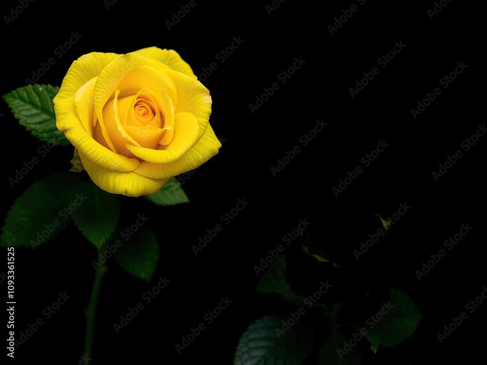 Yellow rose with green leaves on a dark background, garden scene, ornamental plant, nature study