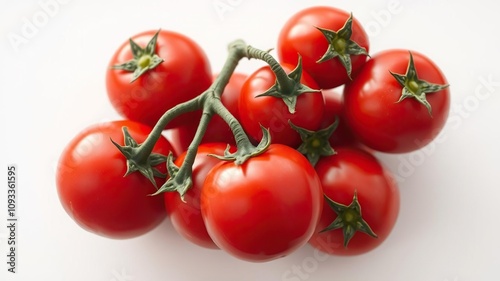 Ripe red tomatoes cluster together on a single stem of Solanum lycopersicum, ripe, tomatoes, garden photo