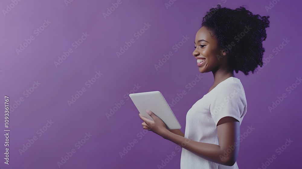 Smiling Black woman using a tablet against a vibrant purple background. Smiling Black woman using a tablet against a vibrant purple background.