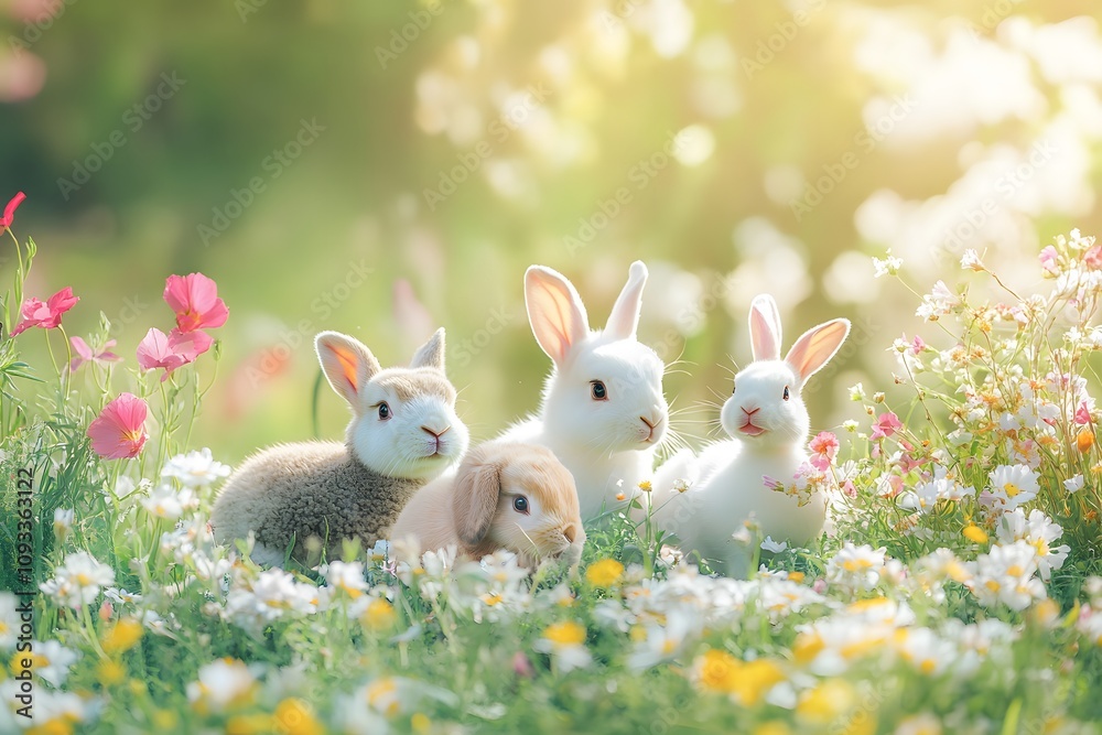 cute animals in a spring meadow with a puppy, rabbits, and a duckling surrounded by blooming flowers cute animals in a spring meadow with a puppy, rabbits, and a duckling surrounded by blooming flowers