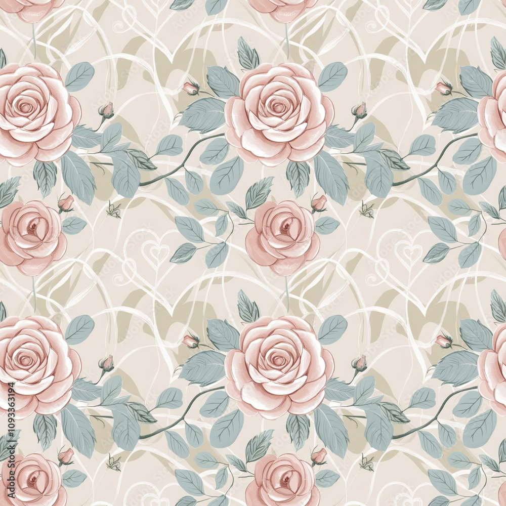Delicate hand-drawn rose pattern with hearts and green leaves, seamless design Delicate hand-drawn rose pattern with hearts and green leaves, seamless design