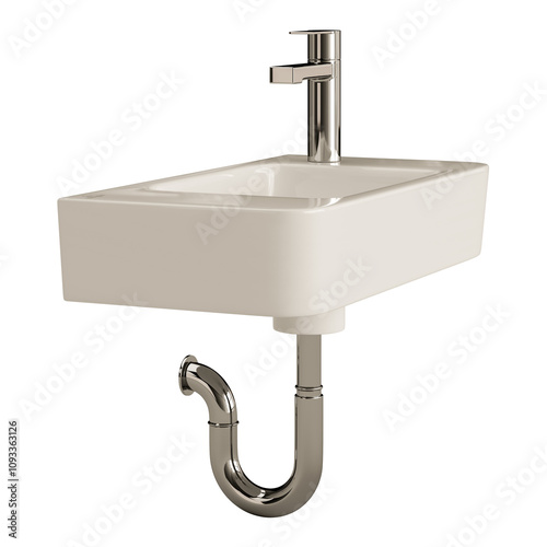 A white sink with a silver faucet and a silver pipe
