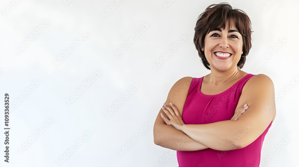 Smiling woman in a pink top posing confidently with folded arms. Smiling woman in a pink top posing confidently with folded arms.