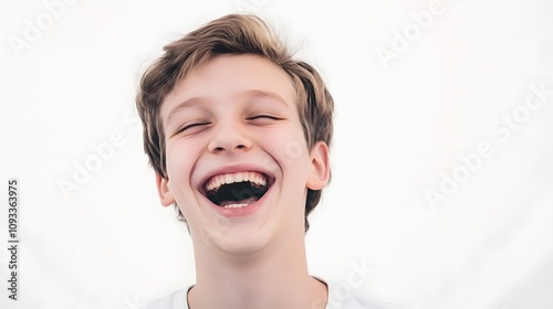 Laughing boy with light brown hair against a white background.