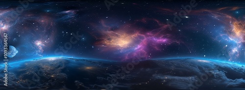 360 degree equirectangular projection space background with nebula and stars, environment map. HDRI spherical panorama, Generative AI