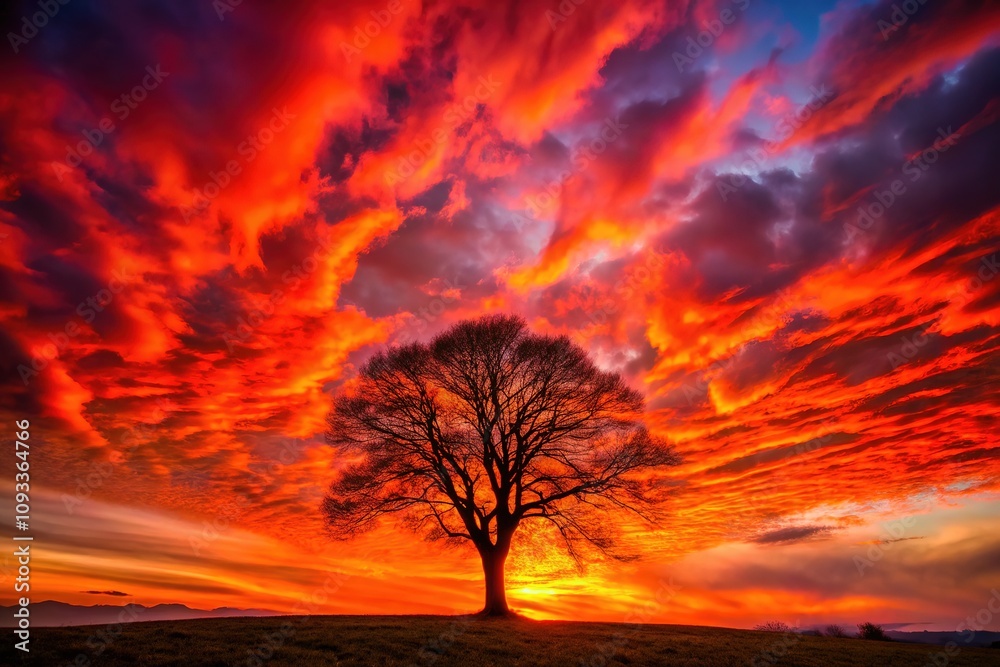 Fiery red tree, dramatic sky, landscape painting. Fiery red tree, dramatic sky, landscape painting.