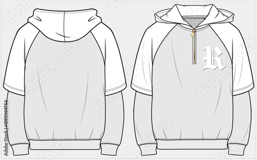 HOODED DOCTOR SLEEVES SWEATSHIRT WITH HALF ZIPPER AND TYPO DETAIL DESIGNED FOR WOMEN AND TEEN GIRLS IN  VECTOR ILLUSTRATION FILE