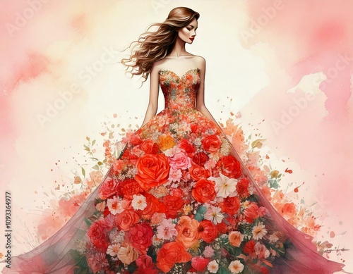 watercolor of a woman wearing a beautiful dress made with real flowers and with empty copy space