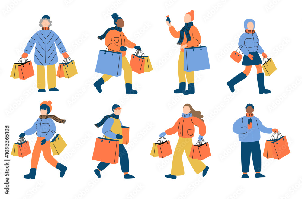 Different People with shopping bags. Winter and Christmas sale. Diverse Group of Shoppers with Colourful Winter Outfits. Different People with shopping bags. Winter and Christmas sale. Diverse Group of Shoppers with Colourful Winter Outfits.
