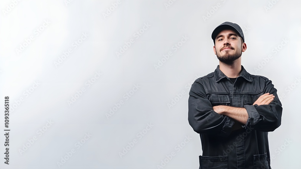 Confident man in work uniform poses with arms crossed against a minimalist background. Confident man in work uniform poses with arms crossed against a minimalist background.