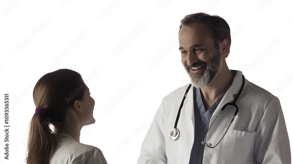 Smiling male doctor with a stethoscope interacting with a female colleague. Smiling male doctor with a stethoscope interacting with a female colleague.