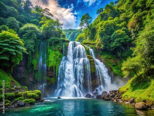 Forest-covered mountain, powerful waterfall, stunning AI art scene.