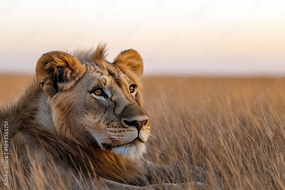 Young lion resting in golden savanna at sunset Young lion resting in golden savanna at sunset