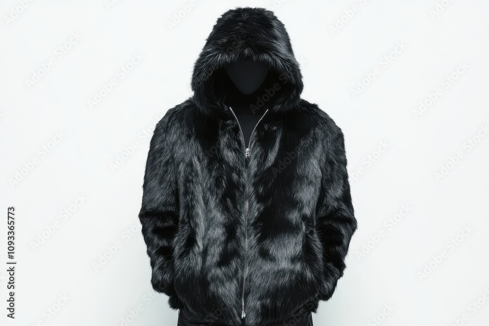 Black faux fur jacket with hood, cruelty-free synthetic material, full-body view on white background, ideal for ethical fashion branding and winter mockup designs Black faux fur jacket with hood, cruelty-free synthetic material, full-body view on white background, ideal for ethical fashion branding and winter mockup designs