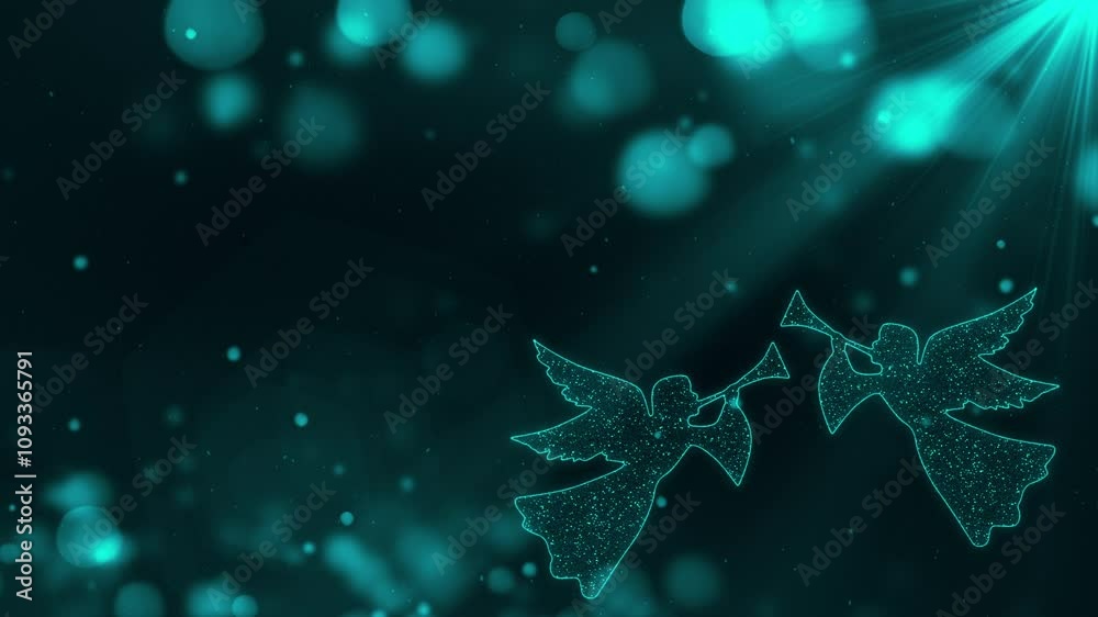 Two shining Christmas angels playing with trumpets in light particles background. Seamless loop of angels singing 4k