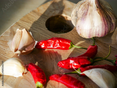 Cooking background. Fresh aromatics laying on a wooden board. Fresh garlic and dried Cayenne peppers. Close-up photography. photo