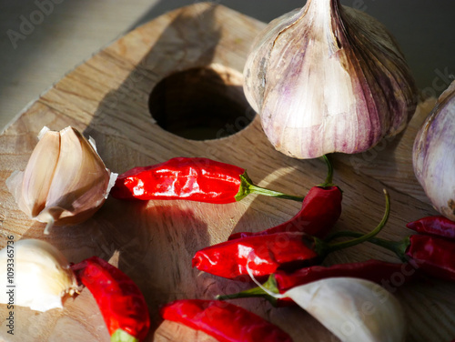 Cooking background. Fresh aromatics laying on a wooden board. Fresh garlic and dried Cayenne peppers. Close-up photography. photo