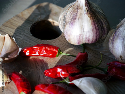 Cooking background. Fresh aromatics laying on a wooden board. Fresh garlic and dried Cayenne peppers. Close-up photography. photo