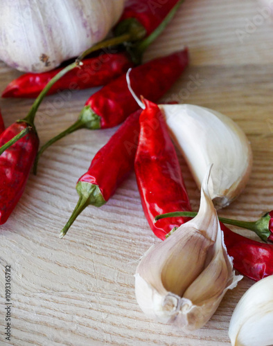 Garlic and dried Cayenne peppers laying on a wooden chopping board. Culinary background. Spices and aromatics for cooking. Medicinal and immunal support. Garlic cloves. Home grown and organic. photo