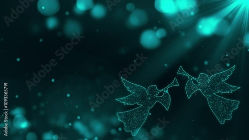 Two shining Christmas angels playing with trumpets in light particles background. Seamless loop of angels singing 4k