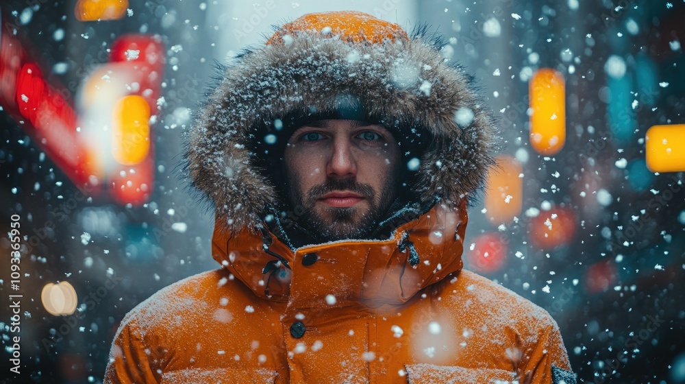 A man in an orange winter coat stands in a snowy urban setting with colorful lights. A man in an orange winter coat stands in a snowy urban setting with colorful lights.