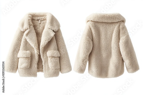 Neutral beige faux fur coat for women, crafted from cruelty-free synthetic materials, shown in front and back views on white background, ideal for sustainable fashion branding and mockups photo