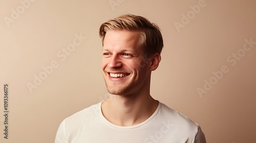 Smiling young Caucasian man in a white shirt against a beige background.