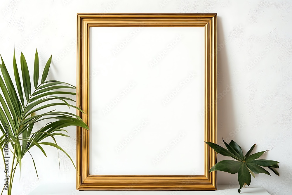 Gold Frame Blank Canvas With Tropical Plants Gold Frame Blank Canvas With Tropical Plants