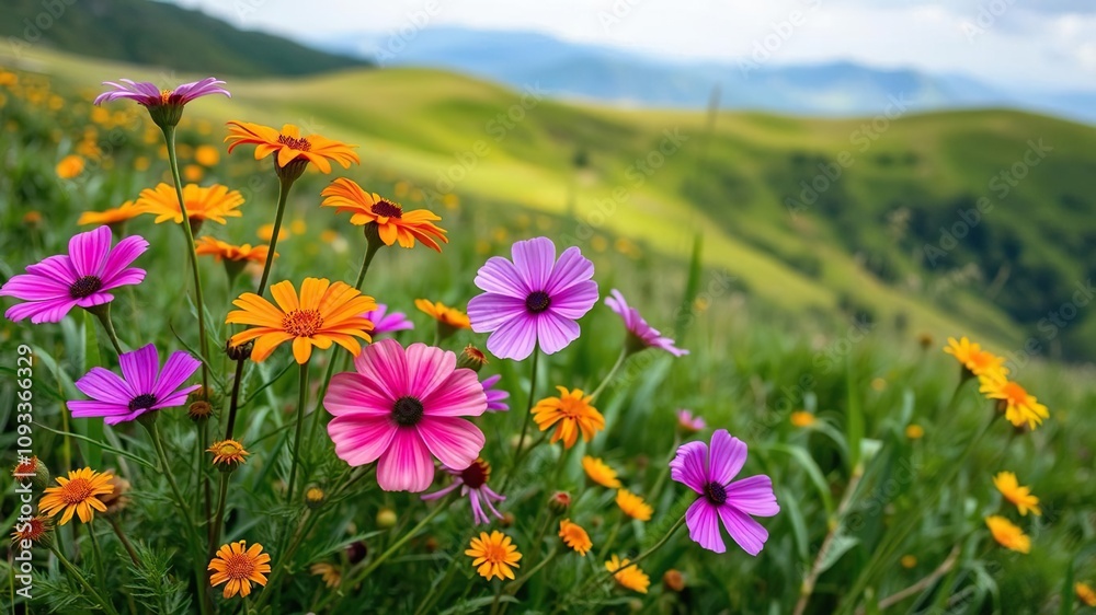 Obraz premium Vibrant pink, orange, and yellow flowers in full bloom against a backdrop of lush green meadows on the plateau, colorful, yellow, wildflowers
