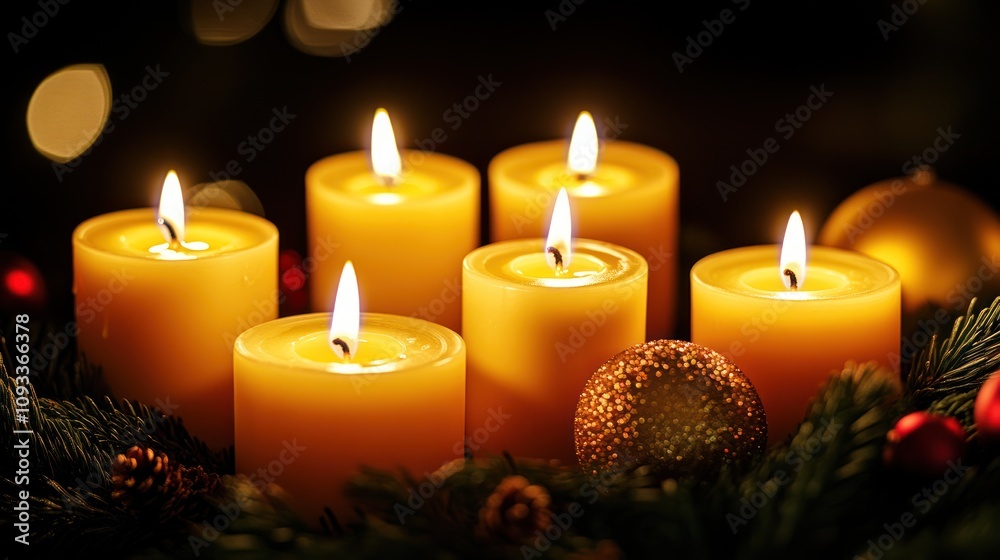 Lit Advent Candles Arranged In Festive Wreath Lit Advent Candles Arranged In Festive Wreath