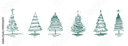 Doodles of different christmas trees silhouettes, vector hand drawn firs illustration, isolated on white