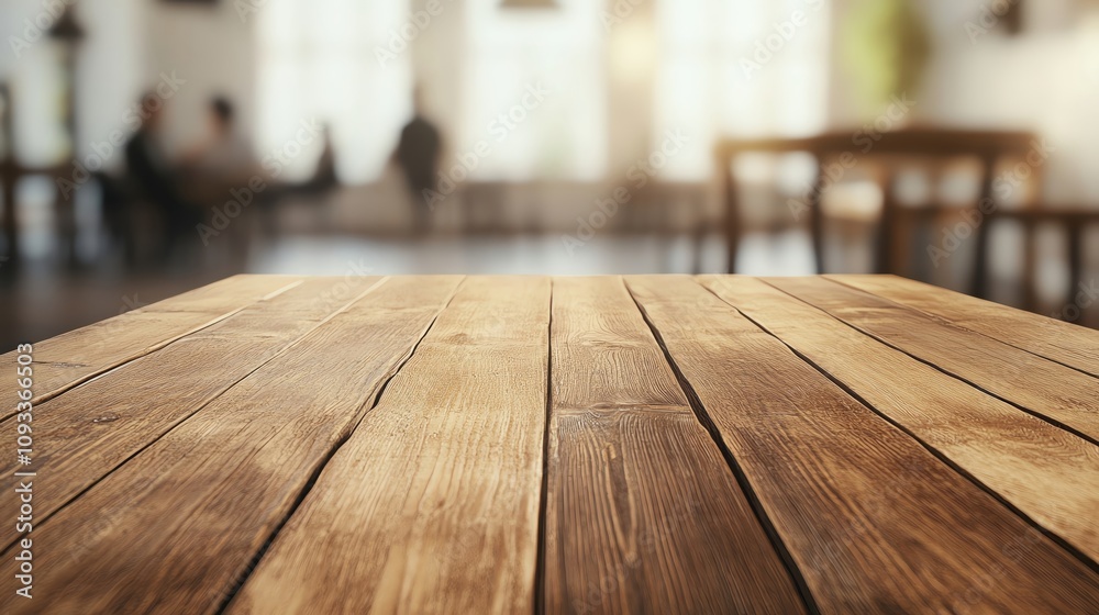 A close-up view of a wooden table in a cozy, well-lit cafe setting with blurred background. A close-up view of a wooden table in a cozy, well-lit cafe setting with blurred background.