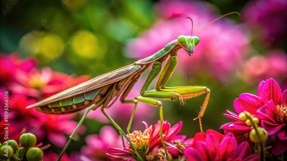 Garden mantis rests gracefully on a pink blossom. Garden mantis rests gracefully on a pink blossom.