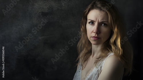 Pensive woman in soft lighting against a moody backdrop.