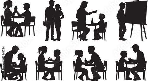 Vector Black and white vector silhouettes of women in various business and educational settings, including presentations, meetings, teaching, and discussions