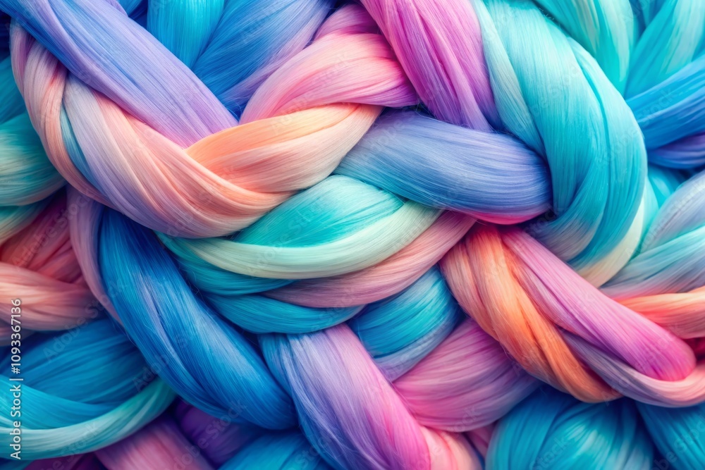 A Close-Up of Interwoven Pastel Hair Strands in Soft Shades of Pale Cyan, Melon, and Maximum Blue, Creating a Colorful and Textured Background for Creative Projects A Close-Up of Interwoven Pastel Hair Strands in Soft Shades of Pale Cyan, Melon, and Maximum Blue, Creating a Colorful and Textured Background for Creative Projects