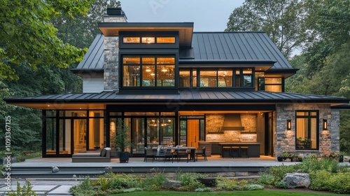 A modern home with large windows and a sleek design, surrounded by greenery.