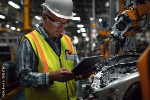 Male industrial engineer in a safety vest and helmet inspecting machinery in a modern factory with advanced robotic equipment and a tablet, ensuring quality control and efficiency