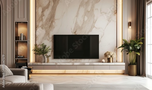 Classic luxury TV with lighting. Modern interior of light beige living room with cabinet for tv on marble wall background, Generative AI