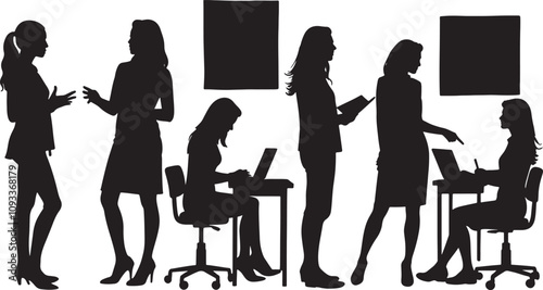 Vector Black and white vector silhouettes of women in various business and educational settings, including presentations, meetings, teaching, and discussions