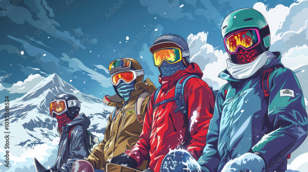close-up, four snowboarders in helmets and goggles look to the side, resting against the backdrop of snowy mountains close-up, four snowboarders in helmets and goggles look to the side, resting against the backdrop of snowy mountains